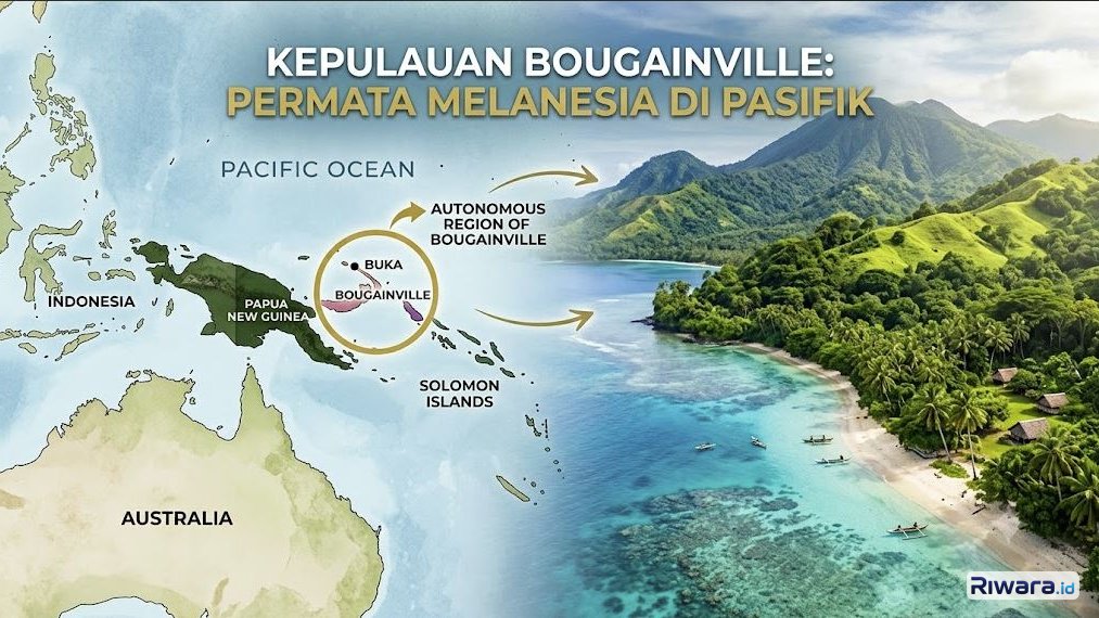 Ilustrasi posisi Kepulauan Bougainville yang akan merdeka dari Papua Nugini pada tahun 2030 dibuat dengan bantuan Gemini AI
